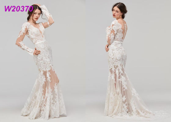 Long Sleeves A Line Lace Female Wedding Dress Skirt Applique Ivory Transparent