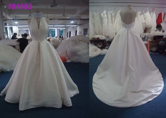 Simple Satin A Line Halter Female Wedding Dress With Zipper Back Backless Design