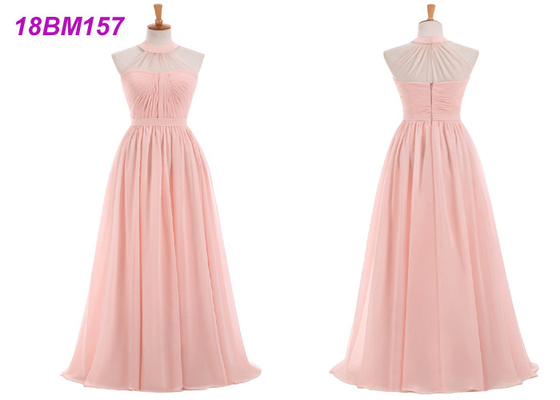 Elegant Pale Pink Bridesmaid Dresses , High Collar Long Chiffon Bridesmaid Dresses