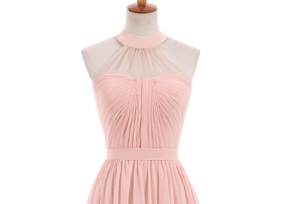 Elegant Pale Pink Bridesmaid Dresses , High Collar Long Chiffon Bridesmaid Dresses