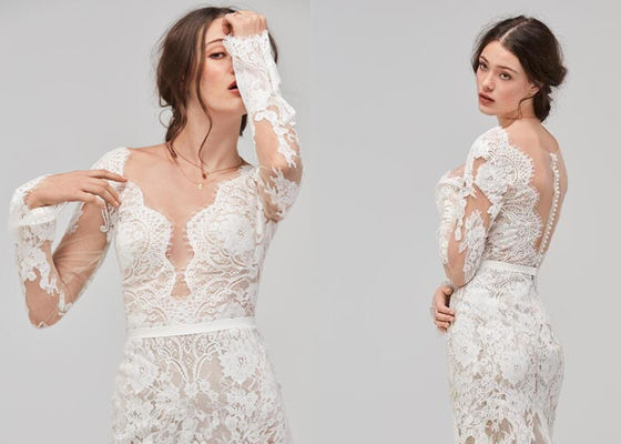 Long Sleeves A Line Lace Female Wedding Dress Skirt Applique Ivory Transparent
