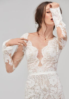 Long Sleeves A Line Lace Female Wedding Dress Skirt Applique Ivory Transparent