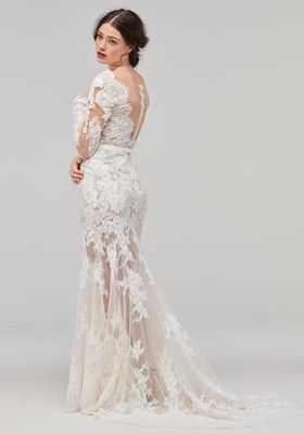 Long Sleeves A Line Lace Female Wedding Dress Skirt Applique Ivory Transparent