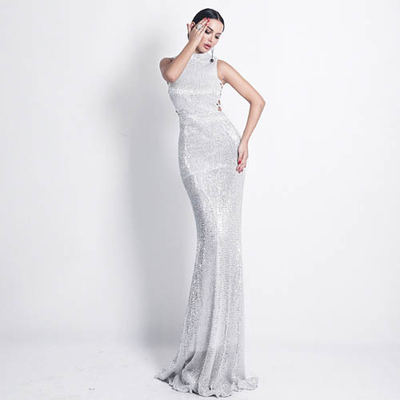 Elegant High Necked Sequin Formal Evening Gowns Black Silver Green Pink