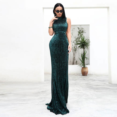 Elegant High Necked Sequin Formal Evening Gowns Black Silver Green Pink