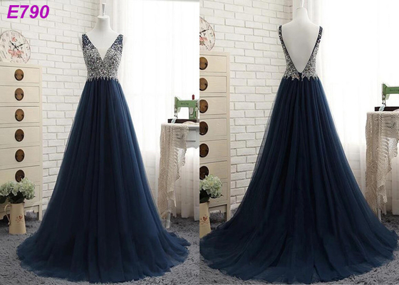 Β backless λουριά neckline που διακοσμούν το σκοτεινό φόρεμα βραδιού του Tulle bule γραμμών Α με χάντρες